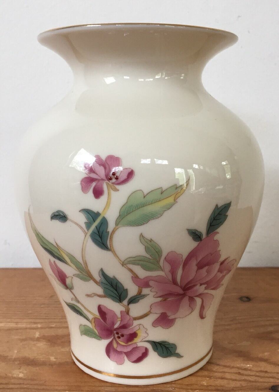 Vintage Lenox USA Made Pink Lillies Floral Cream White Gold Rimmed 5.75" Vase